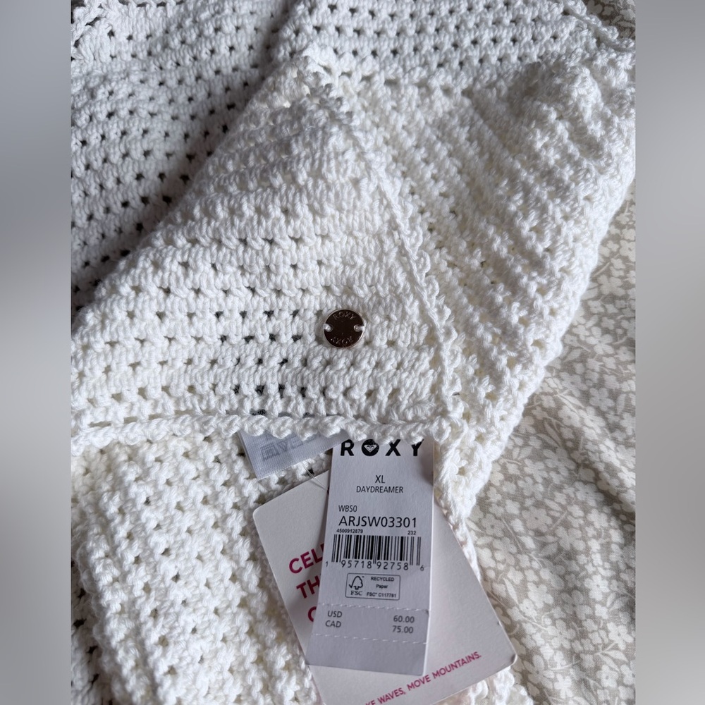 Roxy White Crochet Open Cardigan Sweater